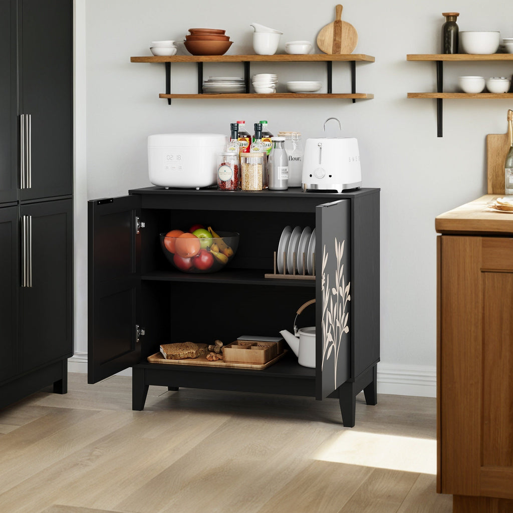 Vintage Carved Buffet Cabinet with Adjustable Shelves, Wooden Decorative Sideboard in Black, 31.5 Inch