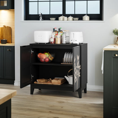 Vintage Carved Buffet Cabinet with Adjustable Shelves, Wooden Decorative Sideboard in Black, 31.5 Inch