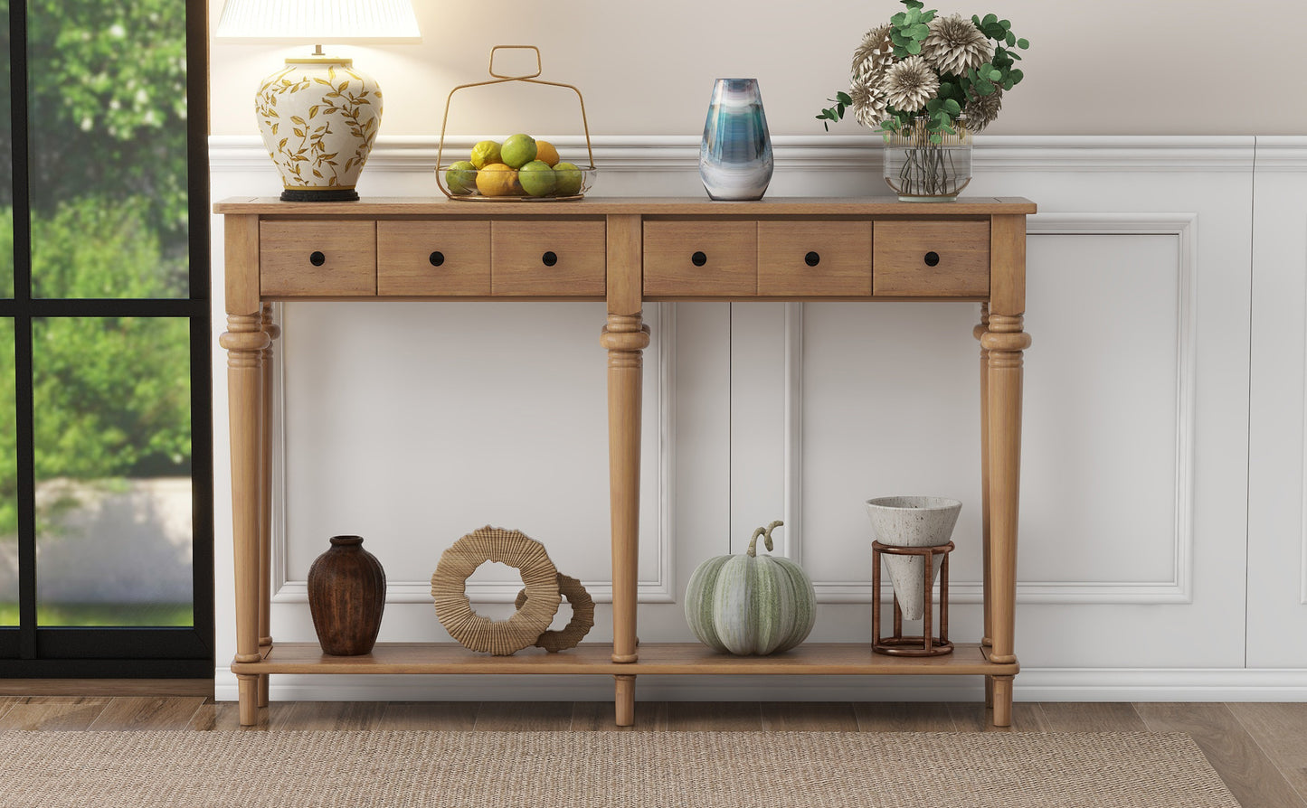 TREXM Entryway Table with 4 Drawers, Retro Console Table with Open Shelf for Entryways, Living Rooms, and Hallways (Old Pine)