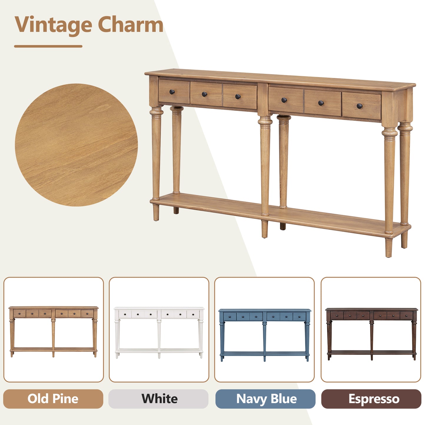 TREXM Entryway Table with 4 Drawers, Retro Console Table with Open Shelf for Entryways, Living Rooms, and Hallways (Old Pine)