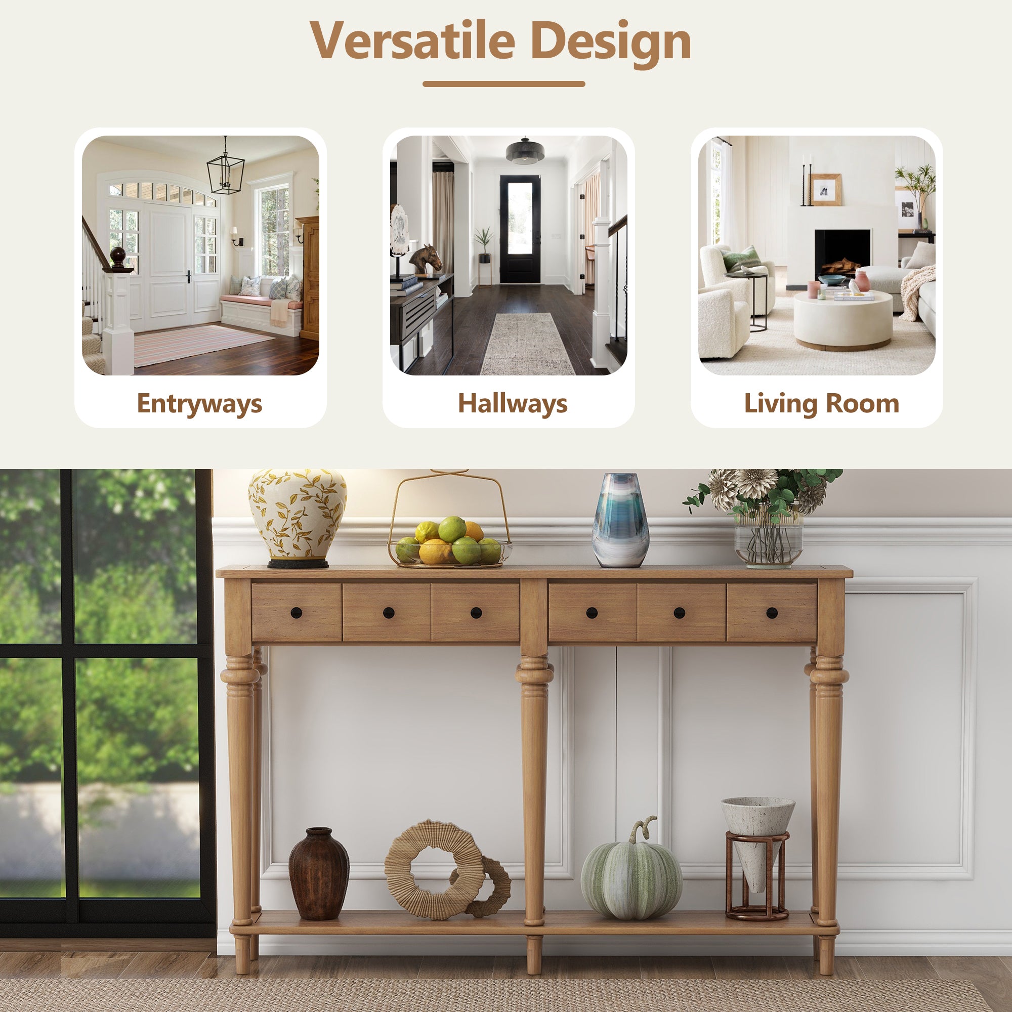 TREXM Entryway Table with 4 Drawers, Retro Console Table with Open Shelf for Entryways, Living Rooms, and Hallways (Old Pine)