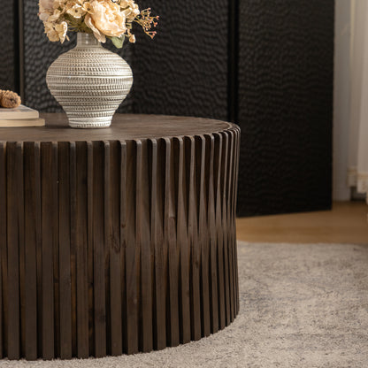 Vintage Fashion Style Cylindrical Nesting Coffee Table Set with Vertical Textured Embossed Design for Living Room, Office and Dining Room, Dark Brown (Set of 2)