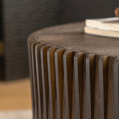 Vintage Fashion Style Cylindrical Nesting Coffee Table Set with Vertical Textured Embossed Design for Living Room, Office and Dining Room, Dark Brown (Set of 2)