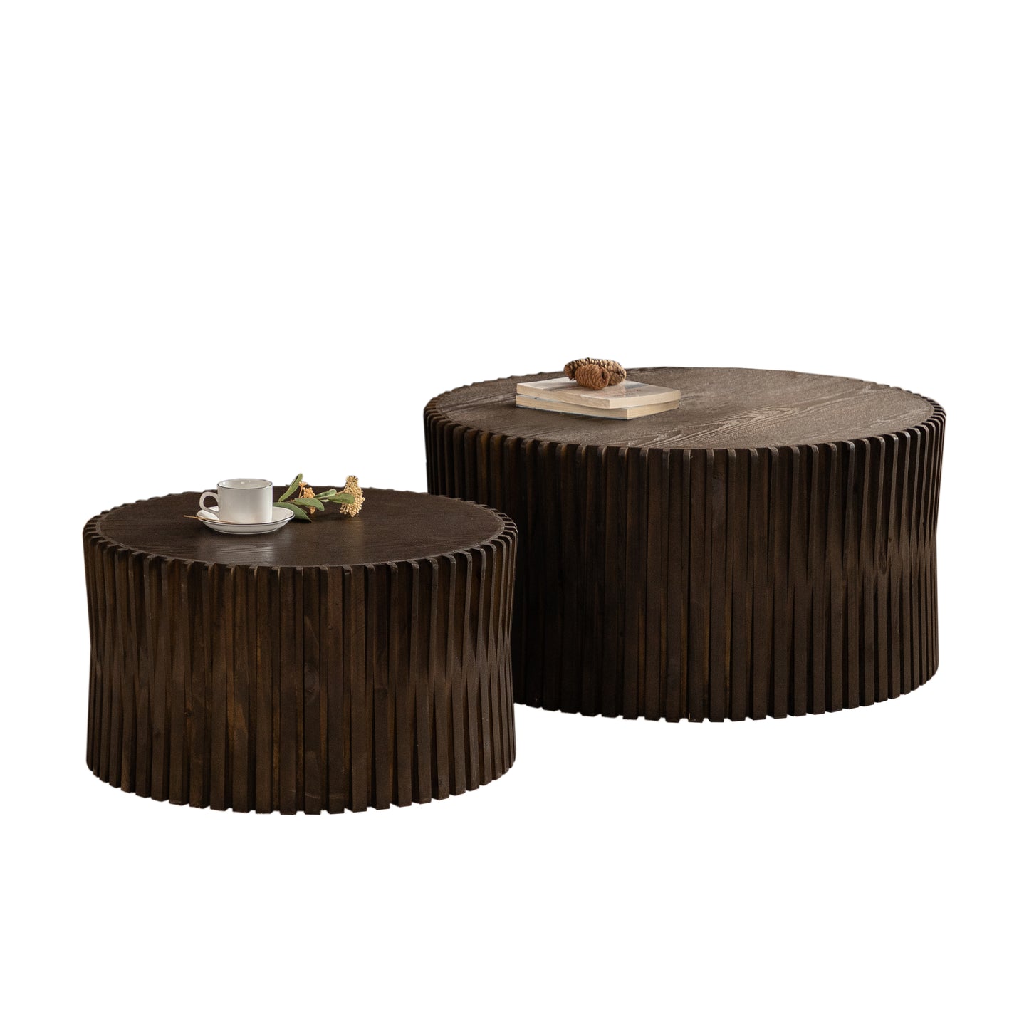 Vintage Fashion Style Cylindrical Nesting Coffee Table Set with Vertical Textured Embossed Design for Living Room, Office and Dining Room, Dark Brown (Set of 2)