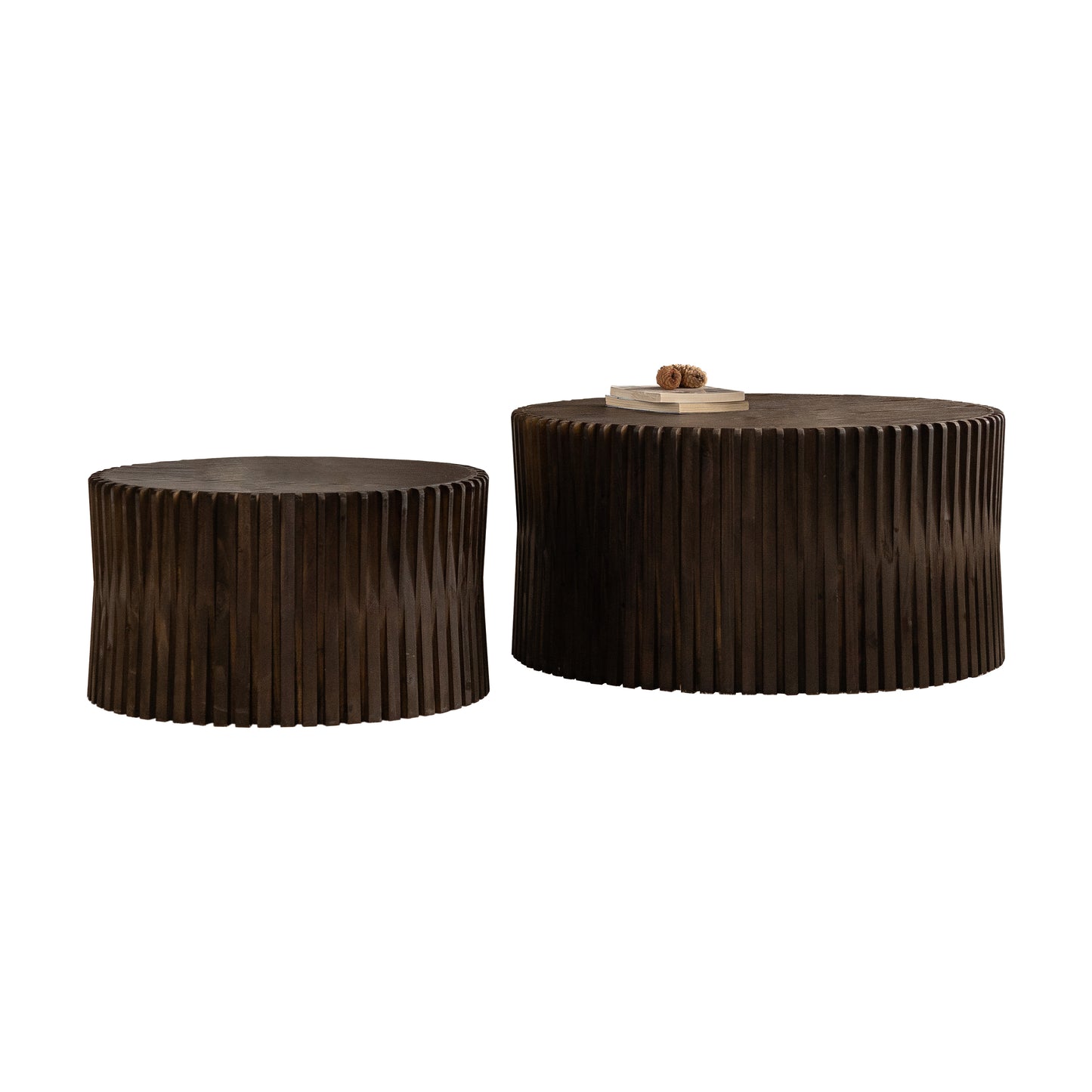 Vintage Fashion Style Cylindrical Nesting Coffee Table Set with Vertical Textured Embossed Design for Living Room, Office and Dining Room, Dark Brown (Set of 2)