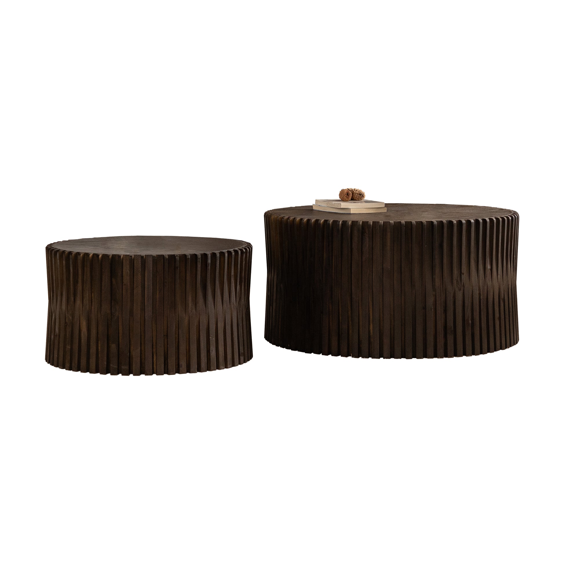 Vintage Fashion Style Cylindrical Nesting Coffee Table Set with Vertical Textured Embossed Design for Living Room, Office and Dining Room, Dark Brown (Set of 2)