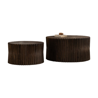Vintage Fashion Style Cylindrical Nesting Coffee Table Set with Vertical Textured Embossed Design for Living Room, Office and Dining Room, Dark Brown (Set of 2)