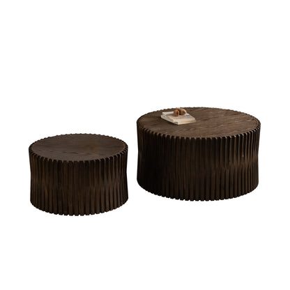 Vintage Fashion Style Cylindrical Nesting Coffee Table Set with Vertical Textured Embossed Design for Living Room, Office and Dining Room, Dark Brown (Set of 2)