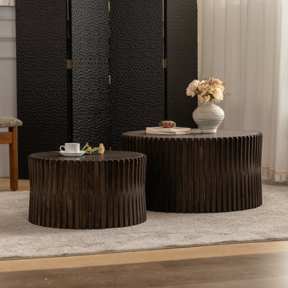 Vintage Fashion Style Cylindrical Nesting Coffee Table Set with Vertical Textured Embossed Design for Living Room, Office and Dining Room, Dark Brown (Set of 2)