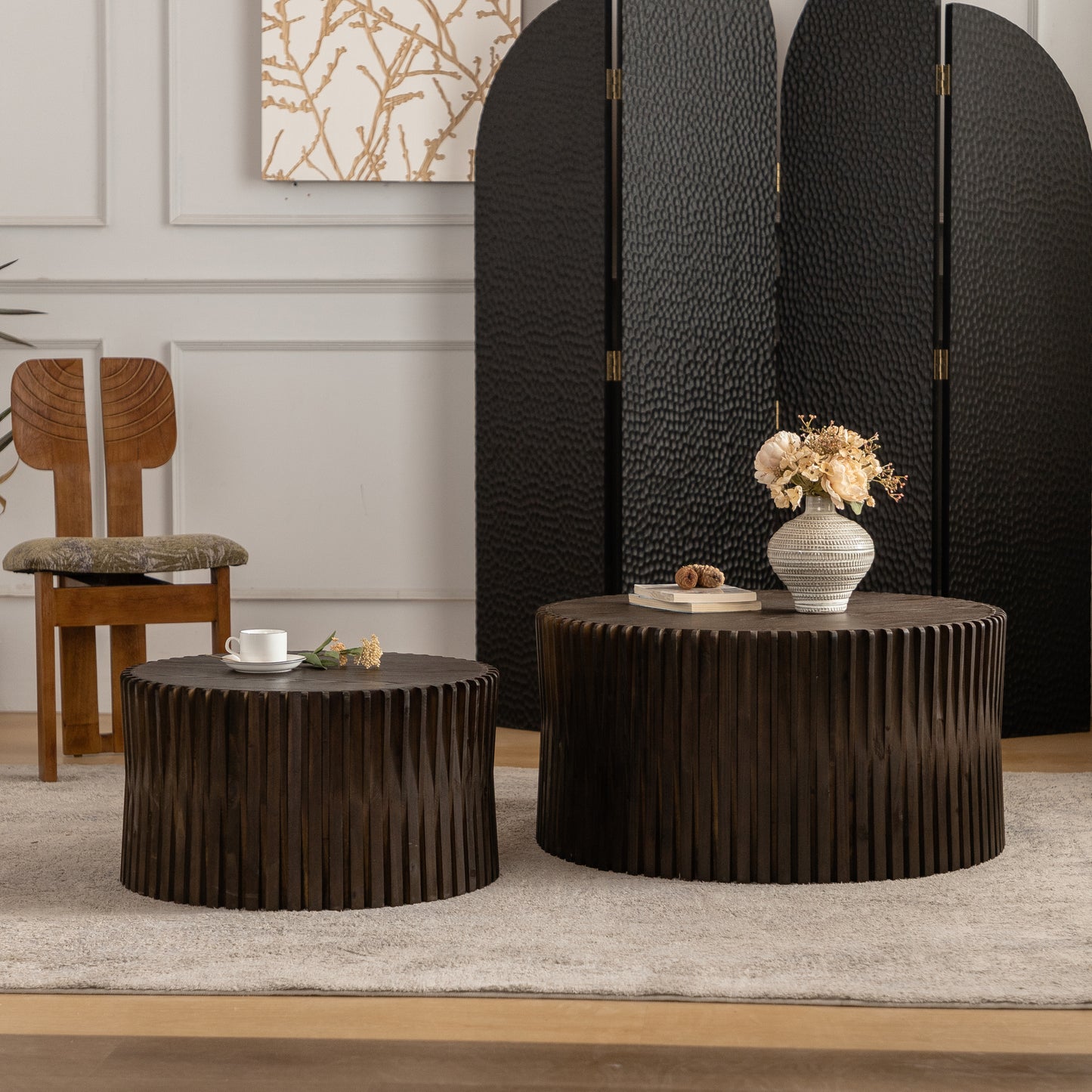 Vintage Fashion Style Cylindrical Nesting Coffee Table Set with Vertical Textured Embossed Design for Living Room, Office and Dining Room, Dark Brown (Set of 2)