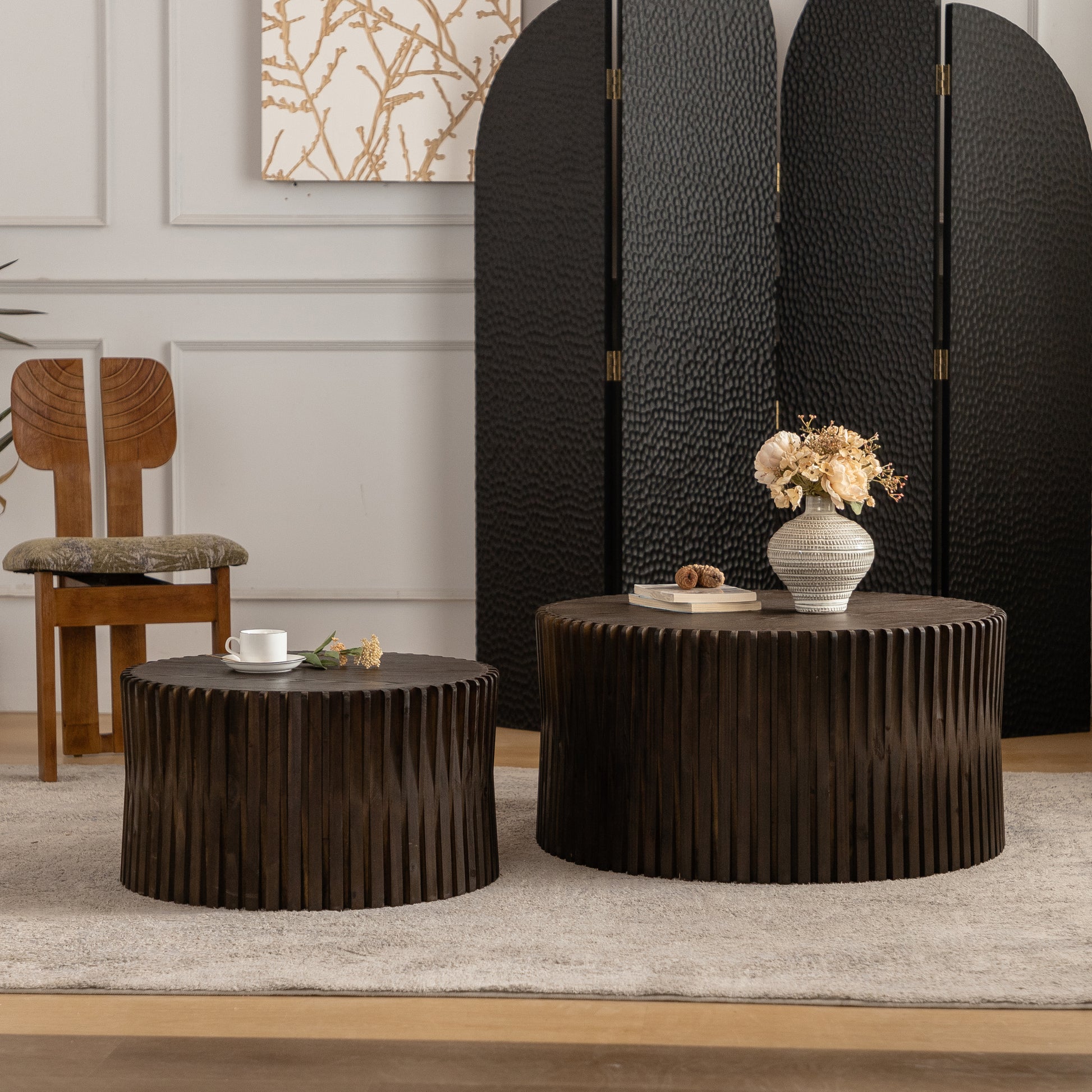 Vintage Fashion Style Cylindrical Nesting Coffee Table Set with Vertical Textured Embossed Design for Living Room, Office and Dining Room, Dark Brown (Set of 2)