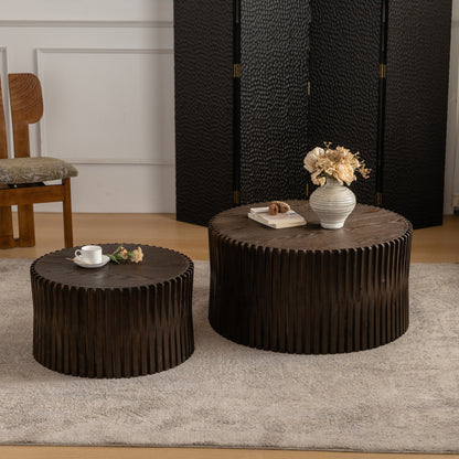 Vintage Fashion Style Cylindrical Nesting Coffee Table Set with Vertical Textured Embossed Design for Living Room, Office and Dining Room, Dark Brown (Set of 2)