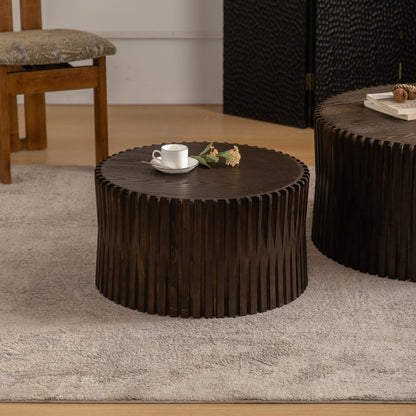 Vintage Fashion Style Cylindrical Nesting Coffee Table Set with Vertical Textured Embossed Design for Living Room, Office and Dining Room, Dark Brown (Set of 2)
