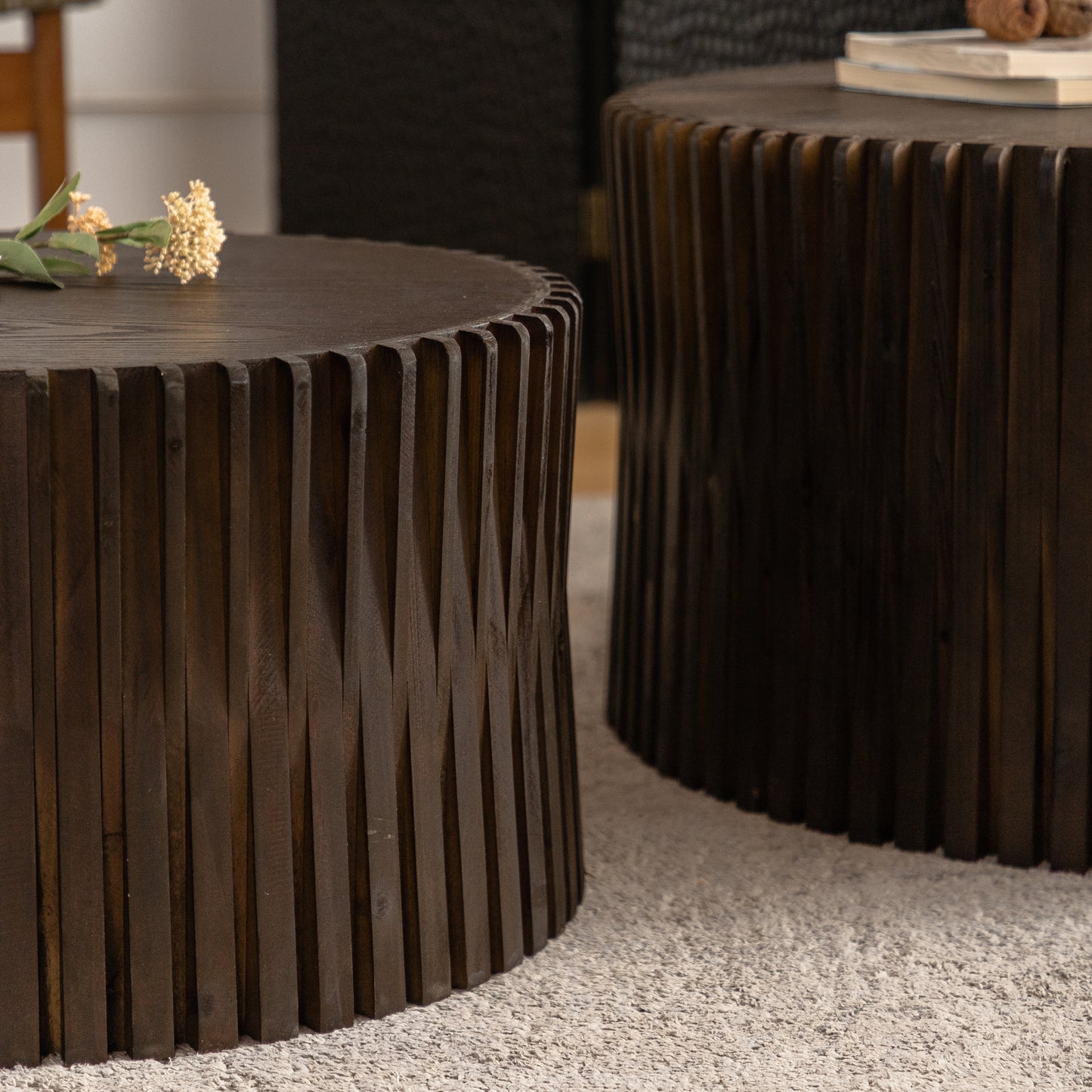 Vintage Fashion Style Cylindrical Nesting Coffee Table Set with Vertical Textured Embossed Design for Living Room, Office and Dining Room, Dark Brown (Set of 2)