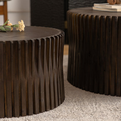 Vintage Fashion Style Cylindrical Nesting Coffee Table Set with Vertical Textured Embossed Design for Living Room, Office and Dining Room, Dark Brown (Set of 2)