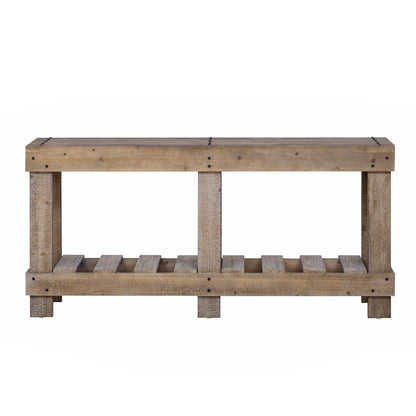 U_Style 62.9' Vintage Entryway Table - Fir Solid Wood with Natural Grain, 6 Reinforced Legs & 4.5' Thick Desktop, Metal Rivet Decor & Plank Under-Shelf, Console Table for Hallway, Living Room