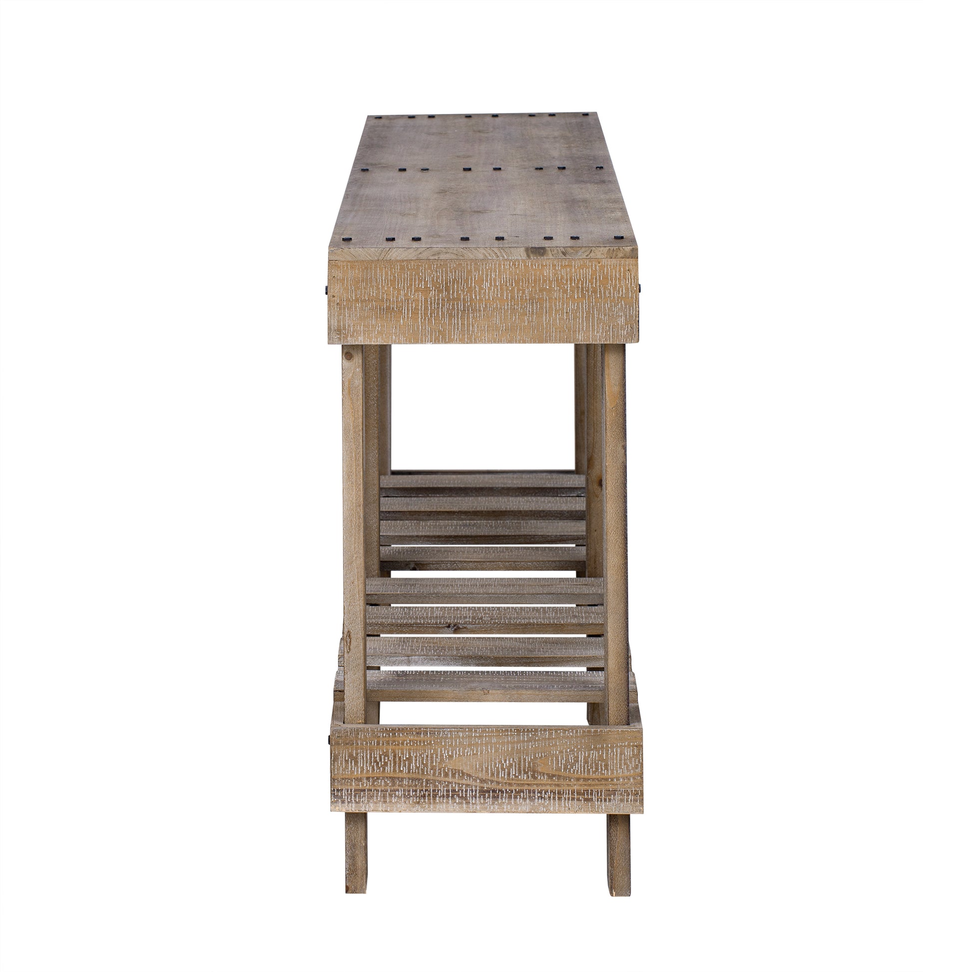U_Style 62.9' Vintage Entryway Table - Fir Solid Wood with Natural Grain, 6 Reinforced Legs & 4.5' Thick Desktop, Metal Rivet Decor & Plank Under-Shelf, Console Table for Hallway, Living Room