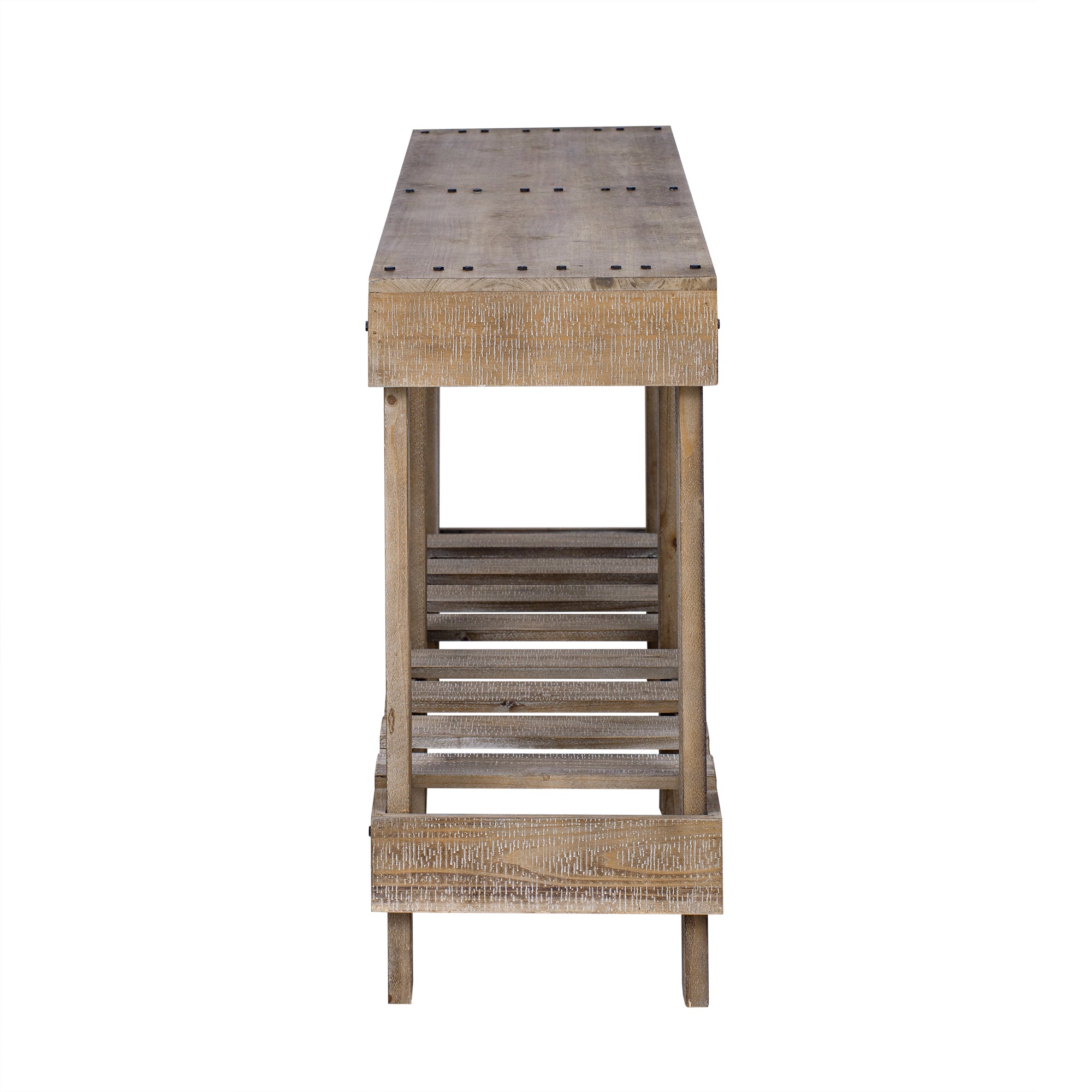 U_Style 62.9' Vintage Entryway Table - Fir Solid Wood with Natural Grain, 6 Reinforced Legs & 4.5' Thick Desktop, Metal Rivet Decor & Plank Under-Shelf, Console Table for Hallway, Living Room