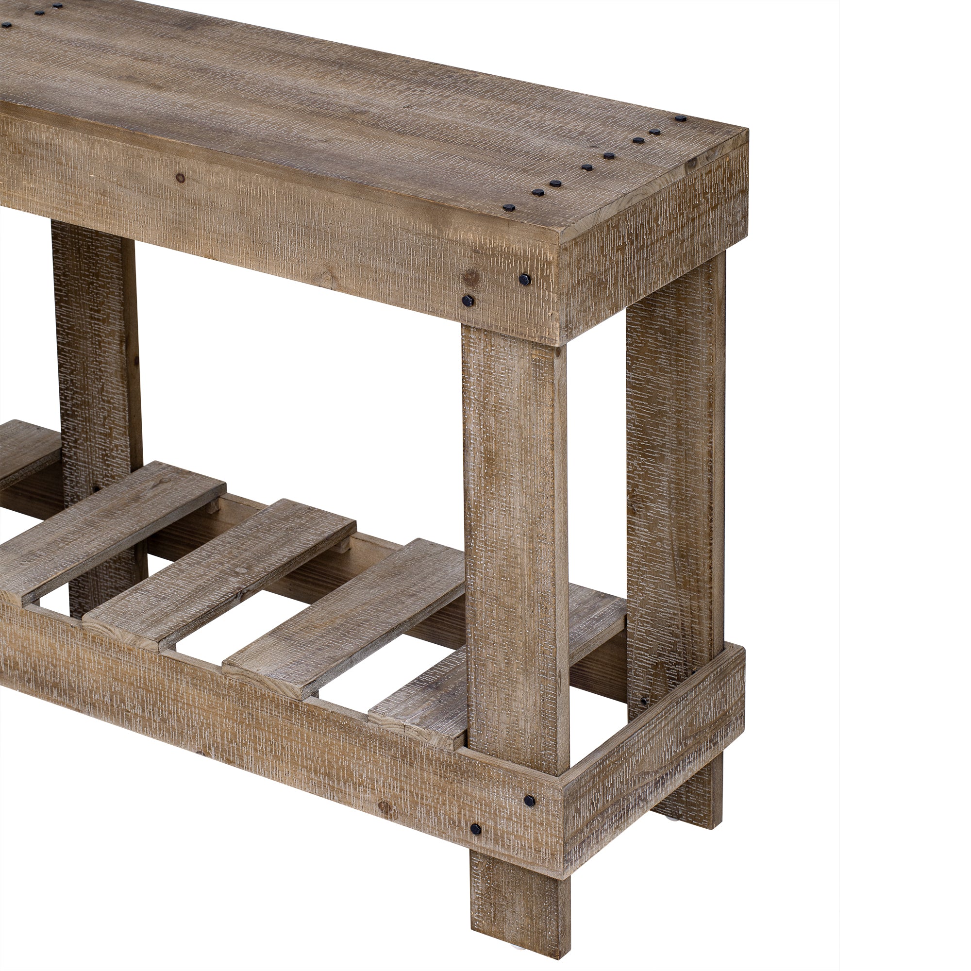U_Style 62.9' Vintage Entryway Table - Fir Solid Wood with Natural Grain, 6 Reinforced Legs & 4.5' Thick Desktop, Metal Rivet Decor & Plank Under-Shelf, Console Table for Hallway, Living Room