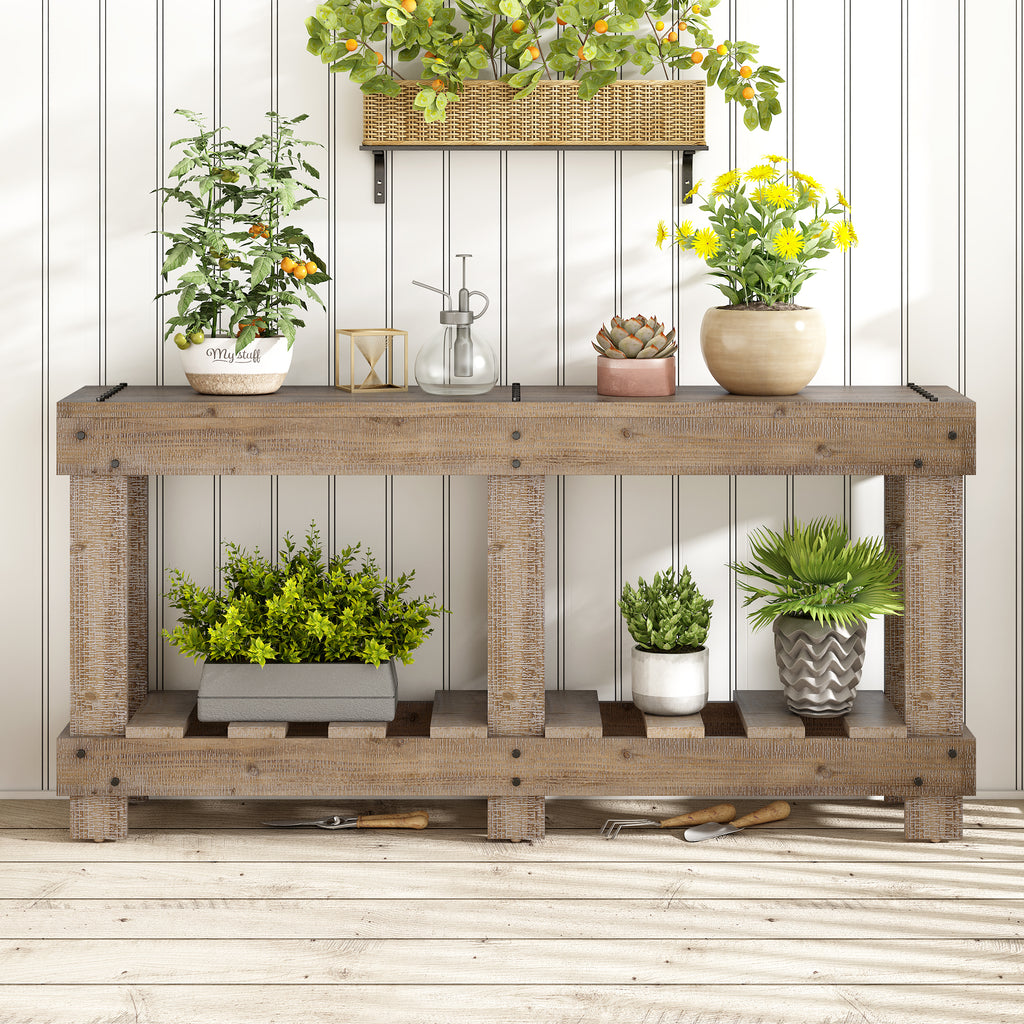 U_Style 62.9' Vintage Entryway Table - Fir Solid Wood with Natural Grain, 6 Reinforced Legs & 4.5' Thick Desktop, Metal Rivet Decor & Plank Under-Shelf, Console Table for Hallway, Living Room