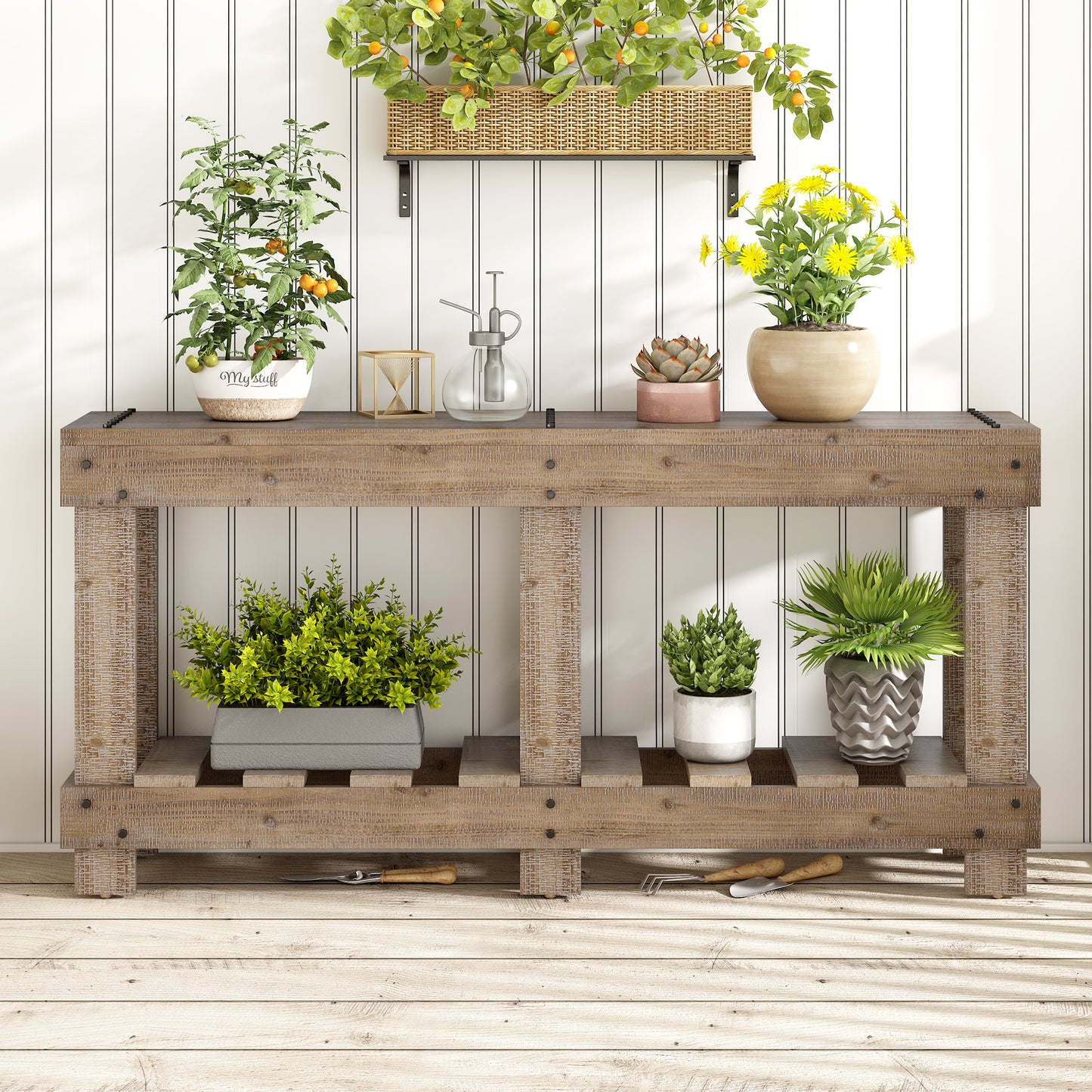 U_Style 62.9' Vintage Entryway Table - Fir Solid Wood with Natural Grain, 6 Reinforced Legs & 4.5' Thick Desktop, Metal Rivet Decor & Plank Under-Shelf, Console Table for Hallway, Living Room