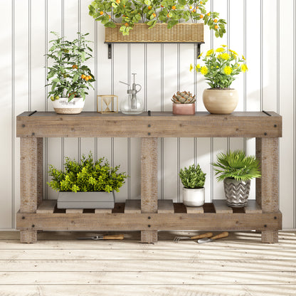 U_Style 62.9' Vintage Entryway Table - Fir Solid Wood with Natural Grain, 6 Reinforced Legs & 4.5' Thick Desktop, Metal Rivet Decor & Plank Under-Shelf, Console Table for Hallway, Living Room