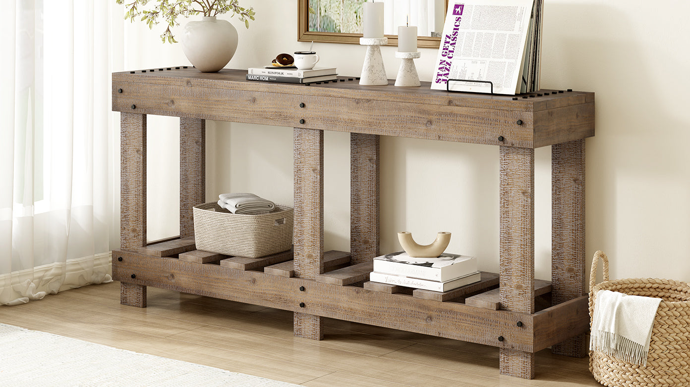 U_Style 62.9' Vintage Entryway Table - Fir Solid Wood with Natural Grain, 6 Reinforced Legs & 4.5' Thick Desktop, Metal Rivet Decor & Plank Under-Shelf, Console Table for Hallway, Living Room