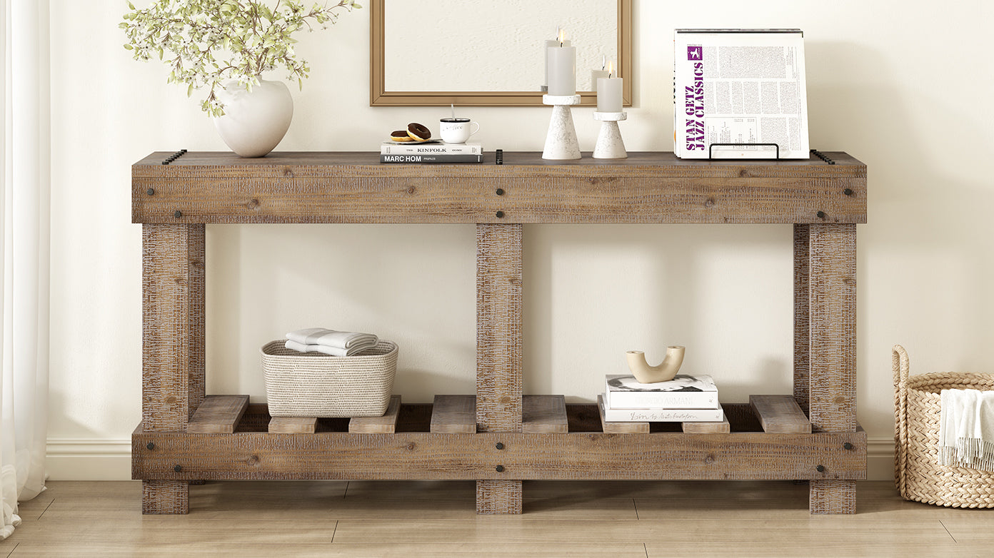 U_Style 62.9' Vintage Entryway Table - Fir Solid Wood with Natural Grain, 6 Reinforced Legs & 4.5' Thick Desktop, Metal Rivet Decor & Plank Under-Shelf, Console Table for Hallway, Living Room