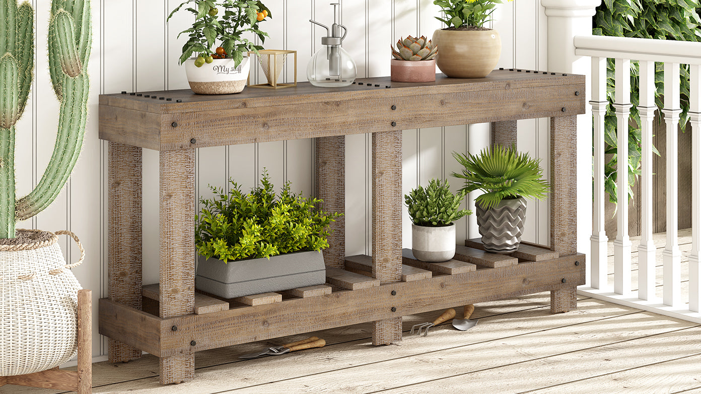 U_Style 62.9' Vintage Entryway Table - Fir Solid Wood with Natural Grain, 6 Reinforced Legs & 4.5' Thick Desktop, Metal Rivet Decor & Plank Under-Shelf, Console Table for Hallway, Living Room