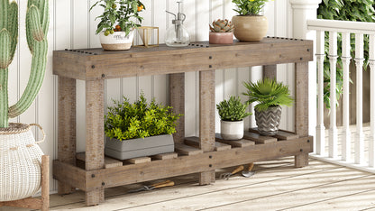 U_Style 62.9' Vintage Entryway Table - Fir Solid Wood with Natural Grain, 6 Reinforced Legs & 4.5' Thick Desktop, Metal Rivet Decor & Plank Under-Shelf, Console Table for Hallway, Living Room