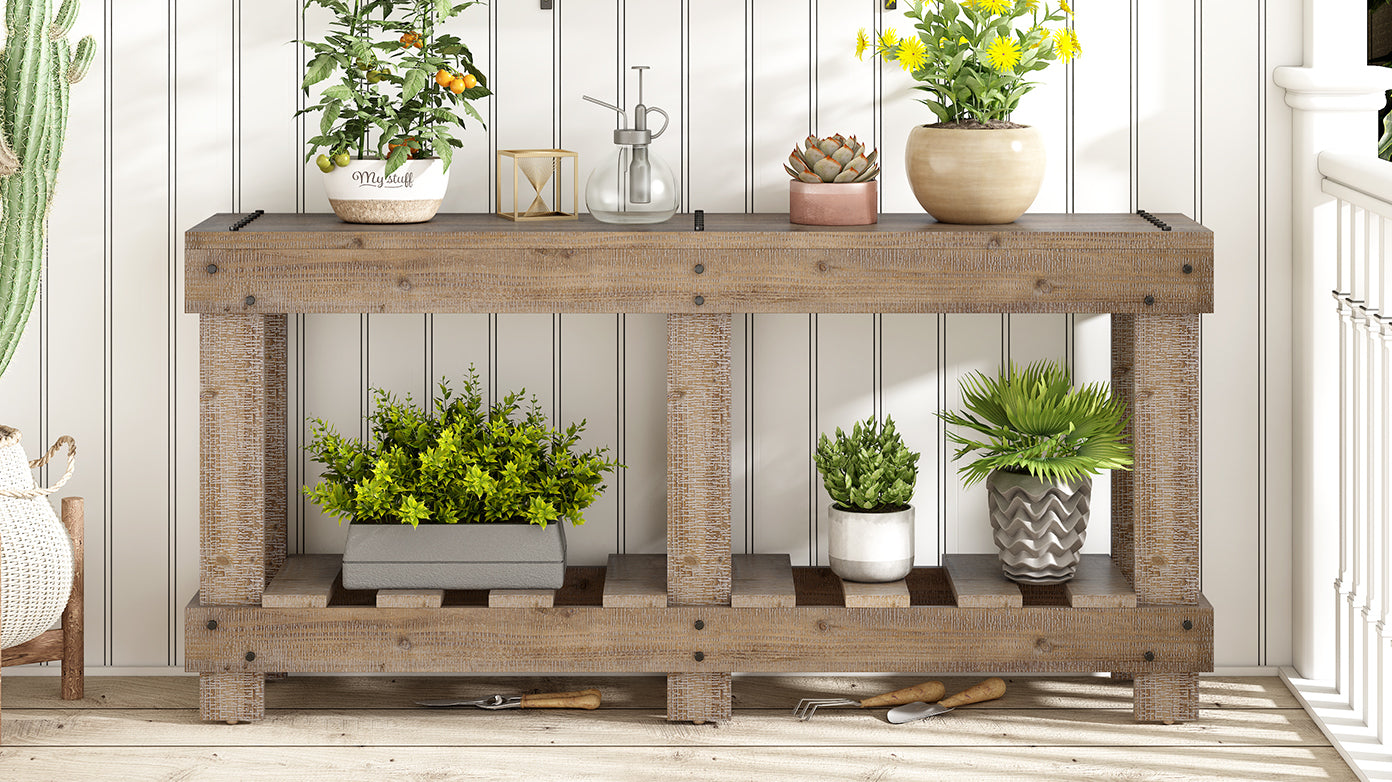 U_Style 62.9' Vintage Entryway Table - Fir Solid Wood with Natural Grain, 6 Reinforced Legs & 4.5' Thick Desktop, Metal Rivet Decor & Plank Under-Shelf, Console Table for Hallway, Living Room