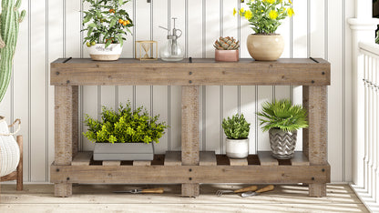 U_Style 62.9' Vintage Entryway Table - Fir Solid Wood with Natural Grain, 6 Reinforced Legs & 4.5' Thick Desktop, Metal Rivet Decor & Plank Under-Shelf, Console Table for Hallway, Living Room