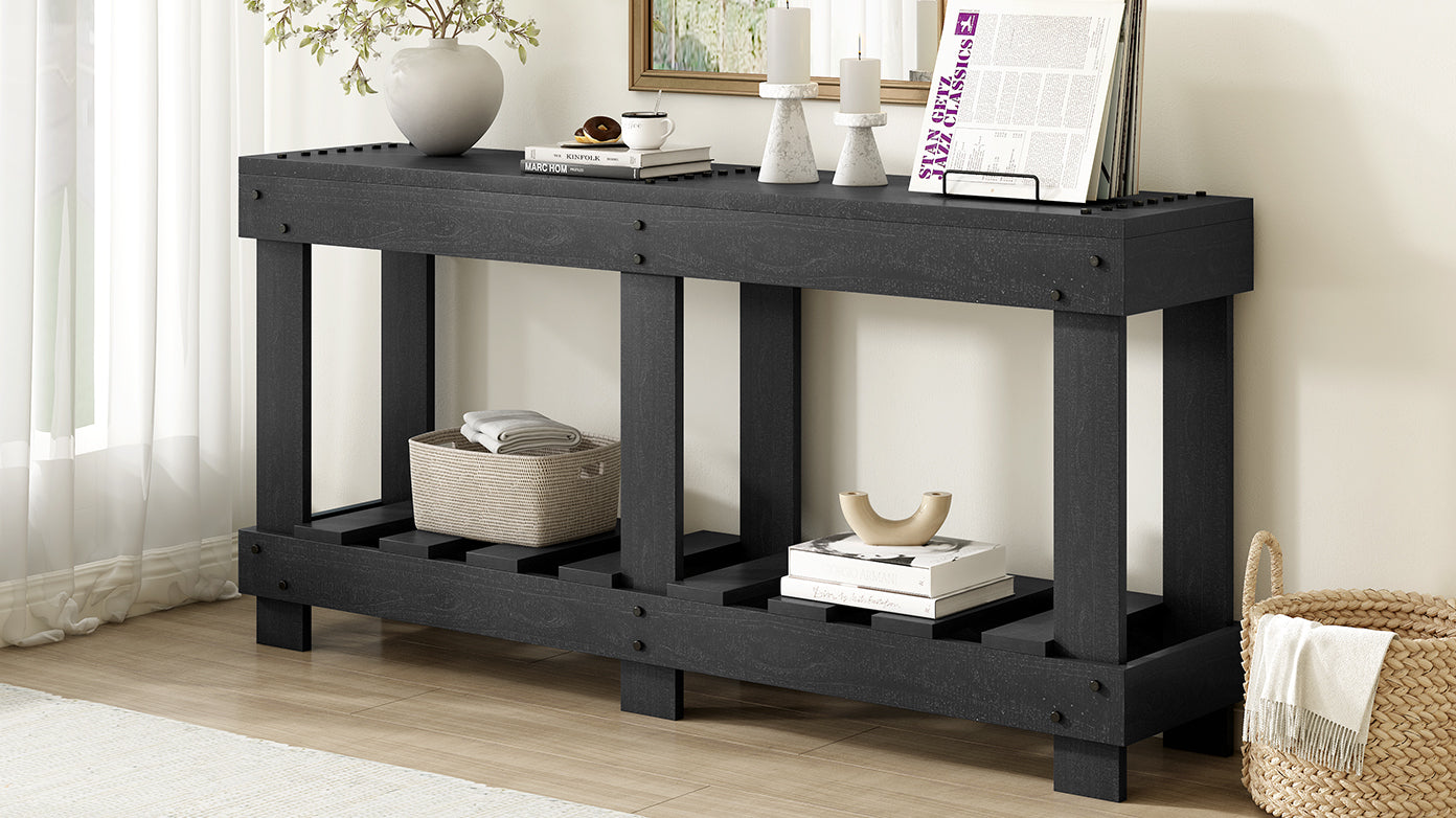 U_Style 62.9' Vintage Entryway Table - Fir Solid Wood with Natural Grain, 6 Reinforced Legs & 4.5' Thick Desktop, Metal Rivet Decor & Plank Under-Shelf, Console Table for Hallway, Living Room