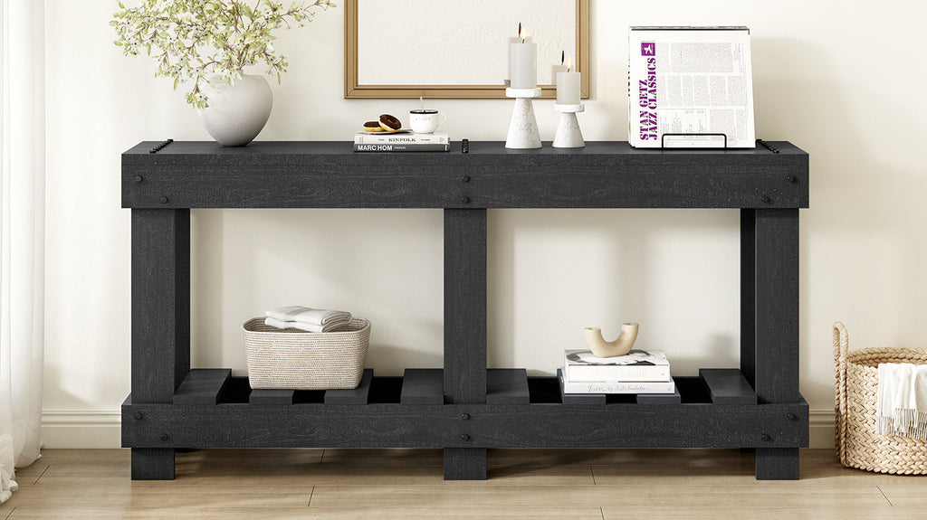U_Style 62.9' Vintage Entryway Table - Fir Solid Wood with Natural Grain, 6 Reinforced Legs & 4.5' Thick Desktop, Metal Rivet Decor & Plank Under-Shelf, Console Table for Hallway, Living Room