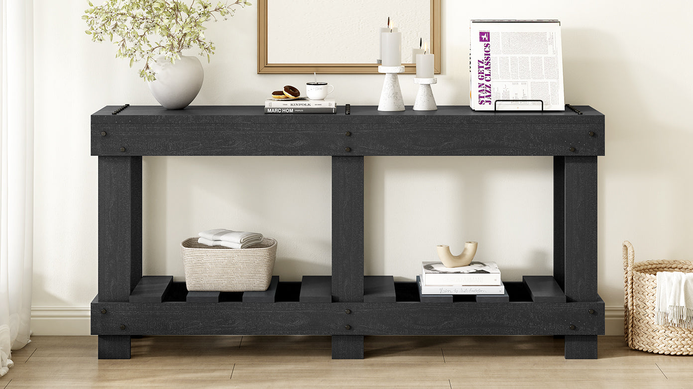 U_Style 62.9' Vintage Entryway Table - Fir Solid Wood with Natural Grain, 6 Reinforced Legs & 4.5' Thick Desktop, Metal Rivet Decor & Plank Under-Shelf, Console Table for Hallway, Living Room