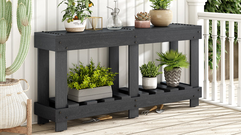 U_Style 62.9' Vintage Entryway Table - Fir Solid Wood with Natural Grain, 6 Reinforced Legs & 4.5' Thick Desktop, Metal Rivet Decor & Plank Under-Shelf, Console Table for Hallway, Living Room