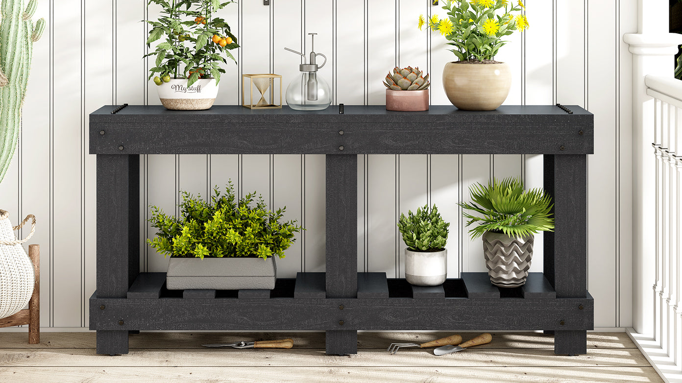 U_Style 62.9' Vintage Entryway Table - Fir Solid Wood with Natural Grain, 6 Reinforced Legs & 4.5' Thick Desktop, Metal Rivet Decor & Plank Under-Shelf, Console Table for Hallway, Living Room