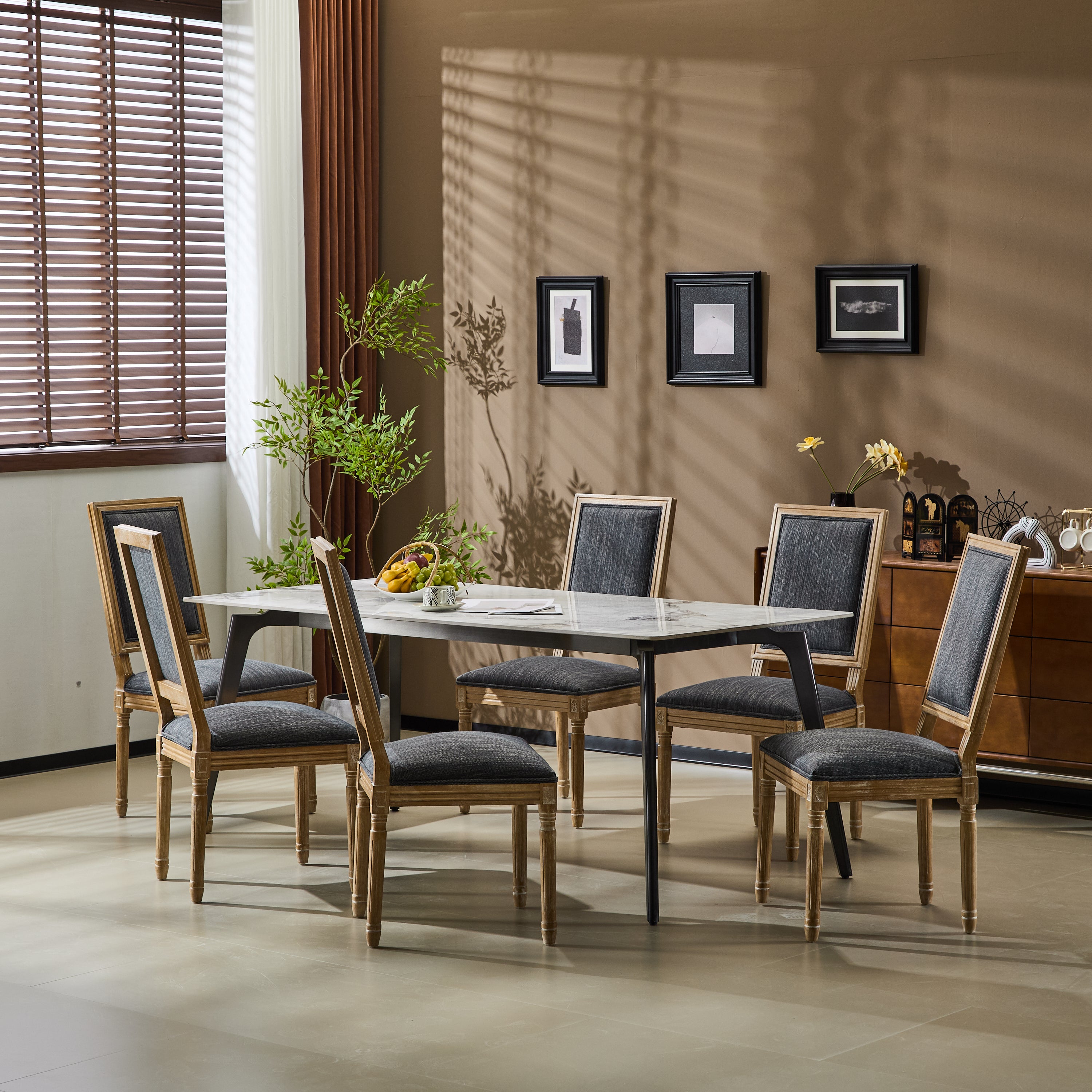 [Set of 6] French Country Dining Chairs - Elegant Cane Backrest & Upholstered Seats with Fluted Legs - Rustic Weathered Finish - Solid Rubberwood Frame - Vintage Inspired Kitchen & Dining Room Chairs