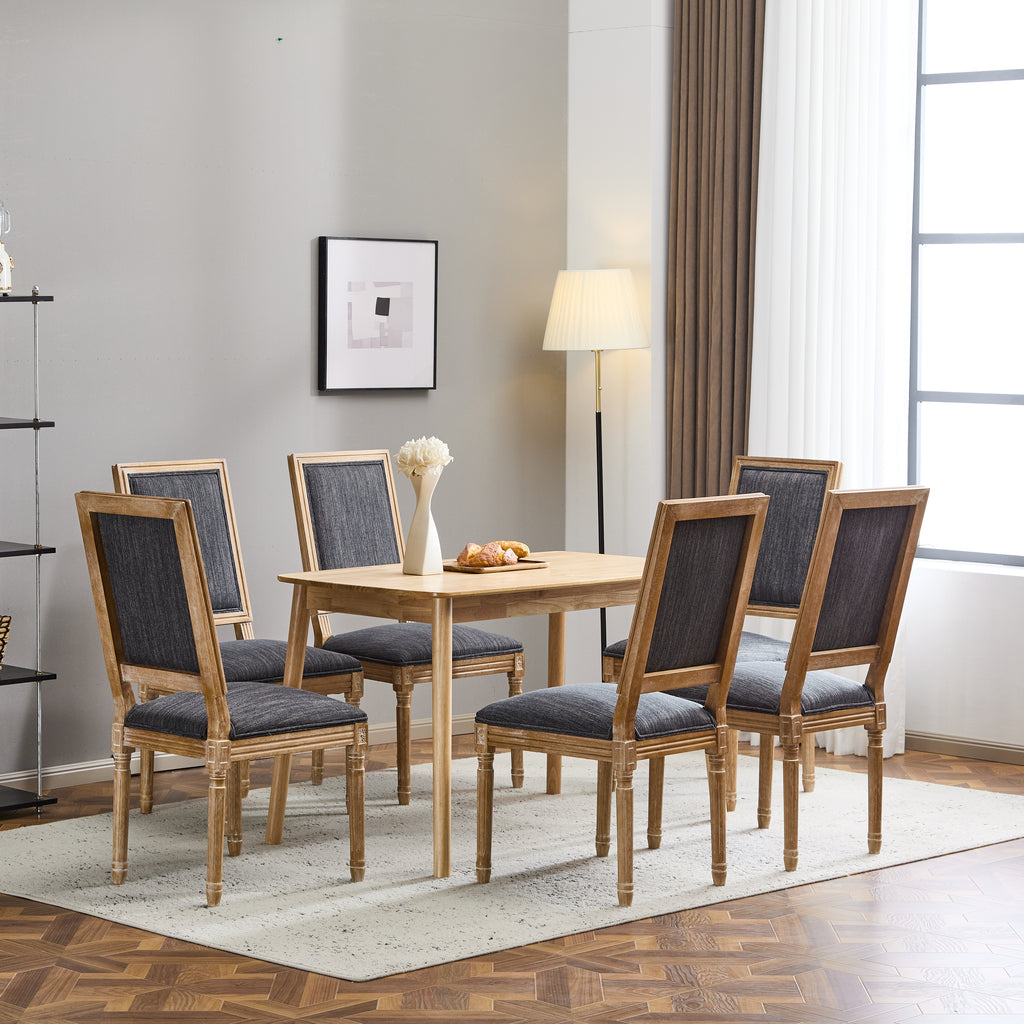 [Set of 6] French Country Dining Chairs - Elegant Cane Backrest & Upholstered Seats with Fluted Legs - Rustic Weathered Finish - Solid Rubberwood Frame - Vintage Inspired Kitchen & Dining Room Chairs