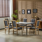 [Set of 6] French Country Dining Chairs - Elegant Cane Backrest & Upholstered Seats with Fluted Legs - Rustic Weathered Finish - Solid Rubberwood Frame - Vintage Inspired Kitchen & Dining Room Chairs