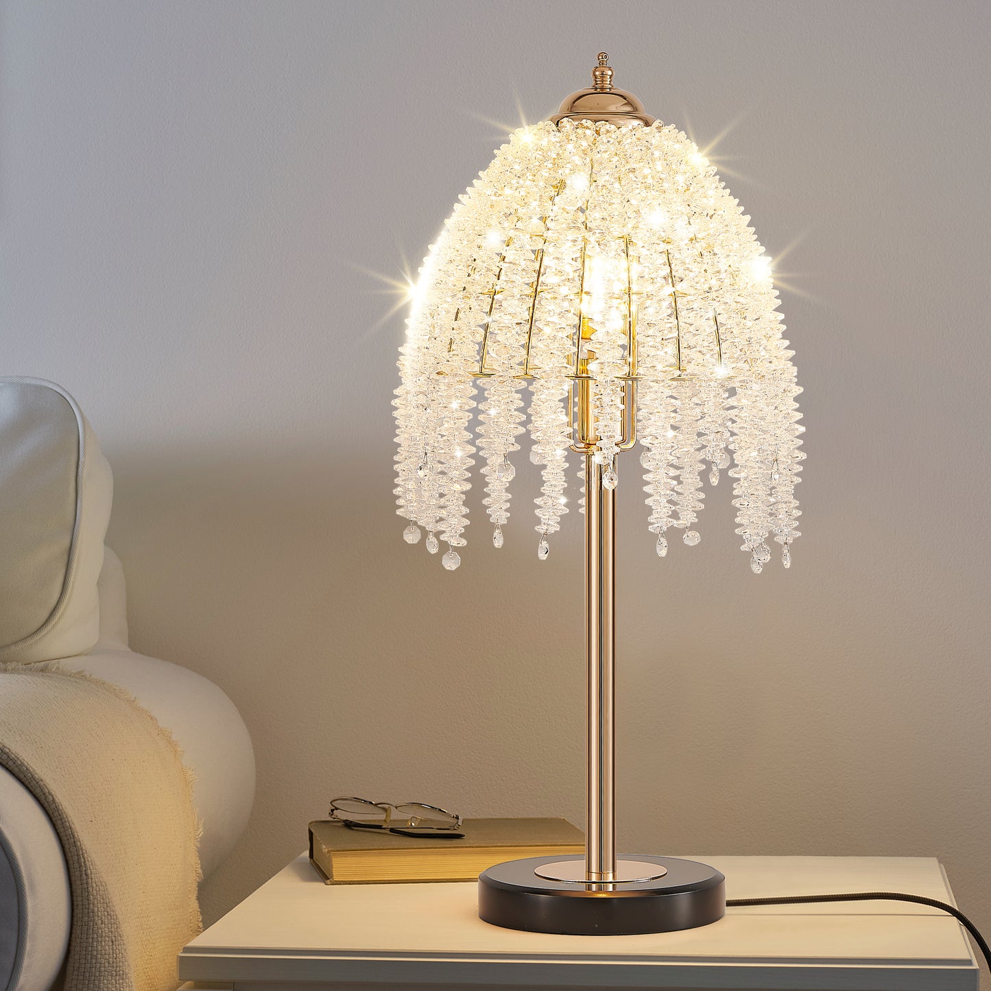 19'(H) Elegant Crystal Table Lamp – Vintage Waterfall Design with Crystal Bead String Shades and Marble Textured Base for Living Room, Bedroom, or Office (Bulb Not Included)