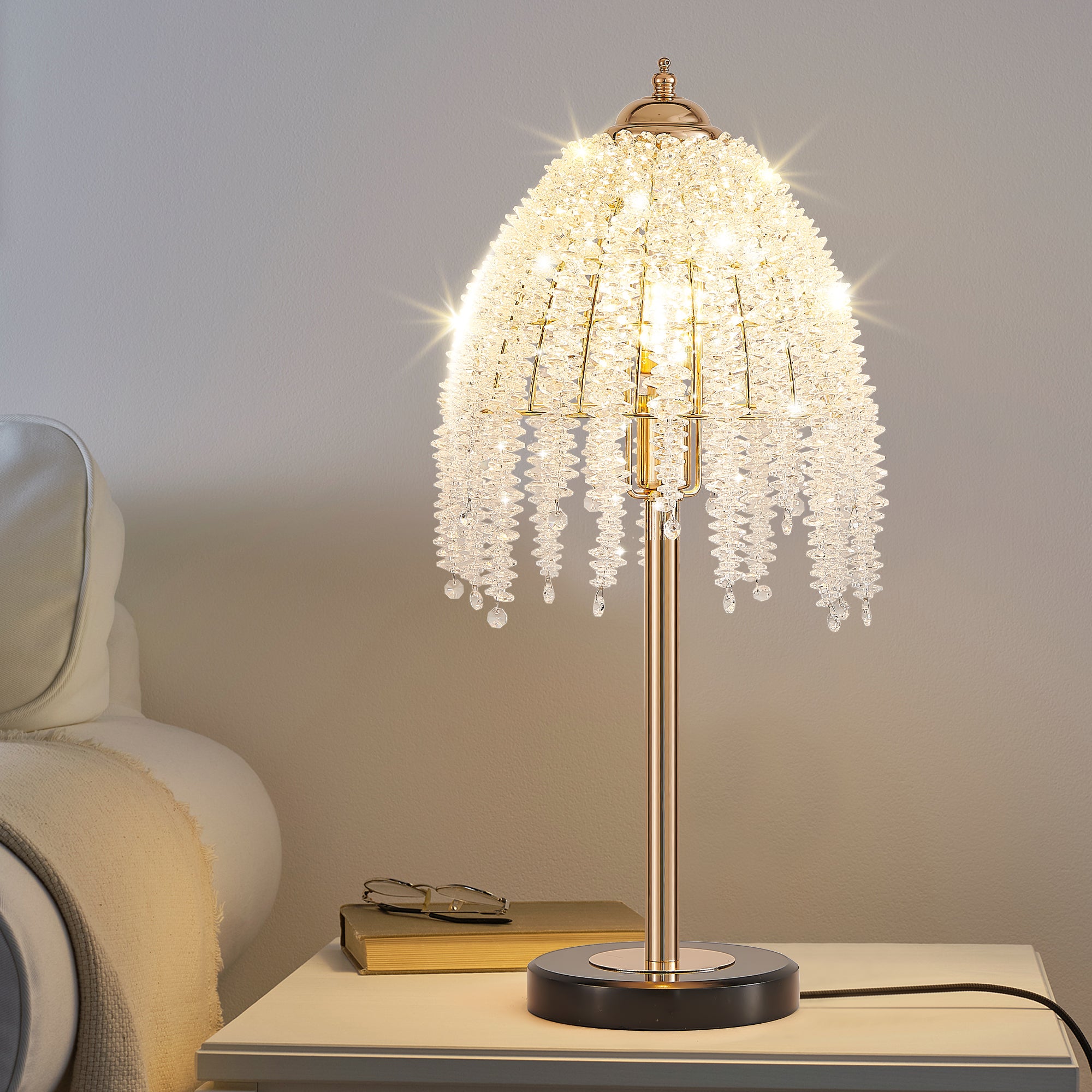 19'(H) Elegant Crystal Table Lamp – Vintage Waterfall Design with Crystal Bead String Shades and Marble Textured Base for Living Room, Bedroom, or Office (Bulb Not Included)