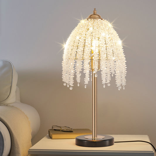 19'(H) Elegant Crystal Table Lamp – Vintage Waterfall Design with Crystal Bead String Shades and Marble Textured Base for Living Room, Bedroom, or Office (Bulb Not Included)