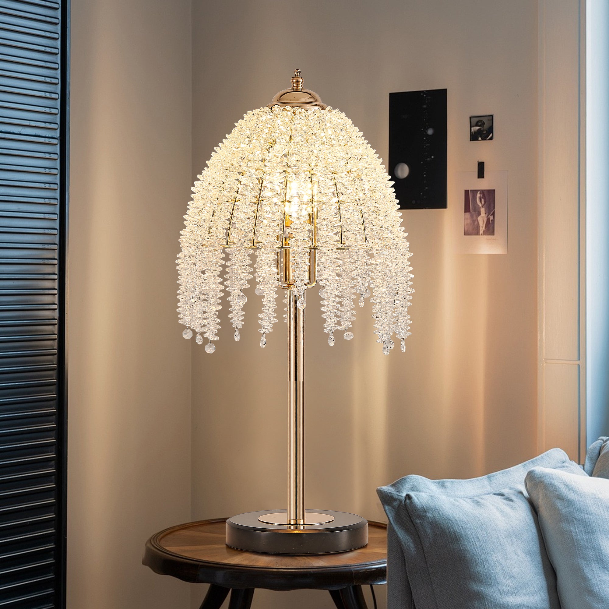 19'(H) Elegant Crystal Table Lamp – Vintage Waterfall Design with Crystal Bead String Shades and Marble Textured Base for Living Room, Bedroom, or Office (Bulb Not Included)