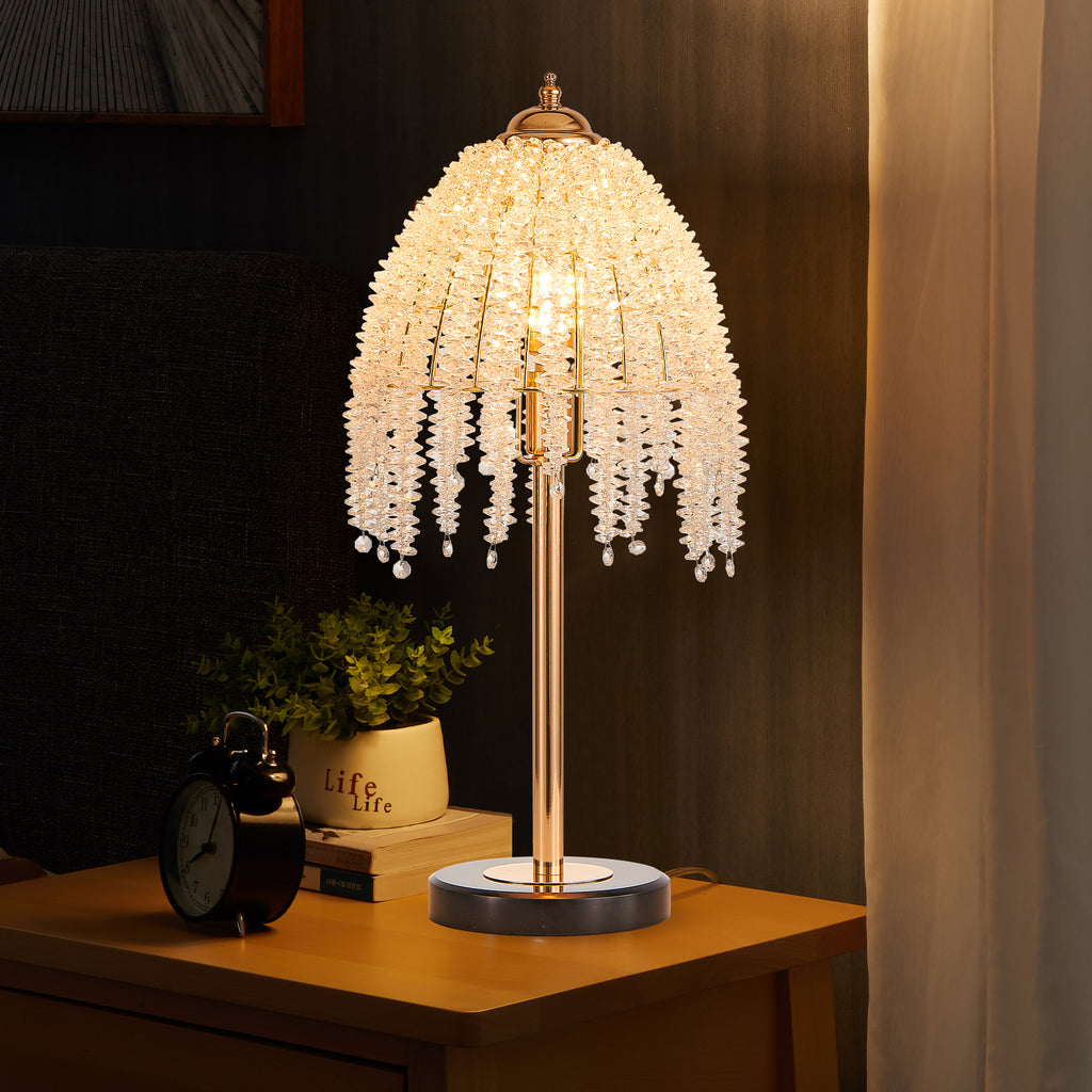 19'(H) Elegant Crystal Table Lamp – Vintage Waterfall Design with Crystal Bead String Shades and Marble Textured Base for Living Room, Bedroom, or Office (Bulb Not Included)