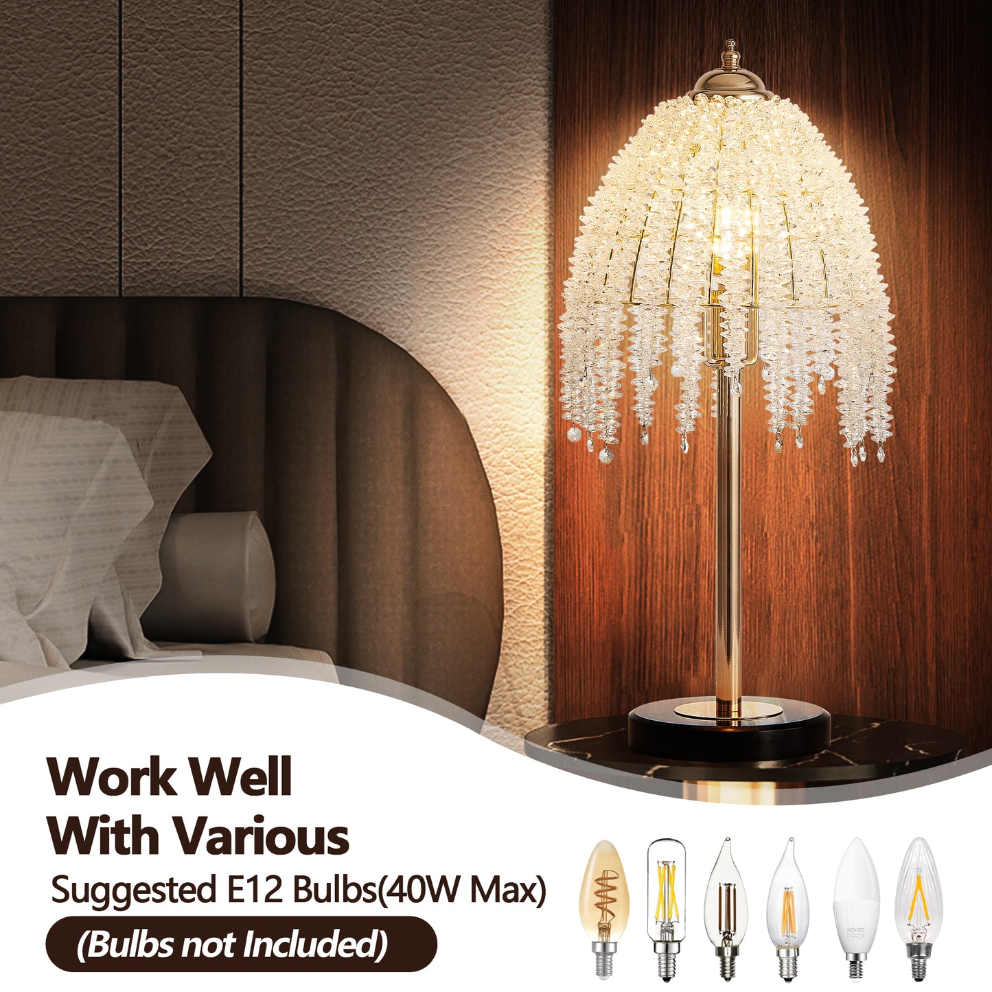 19'(H) Elegant Crystal Table Lamp – Vintage Waterfall Design with Crystal Bead String Shades and Marble Textured Base for Living Room, Bedroom, or Office (Bulb Not Included)