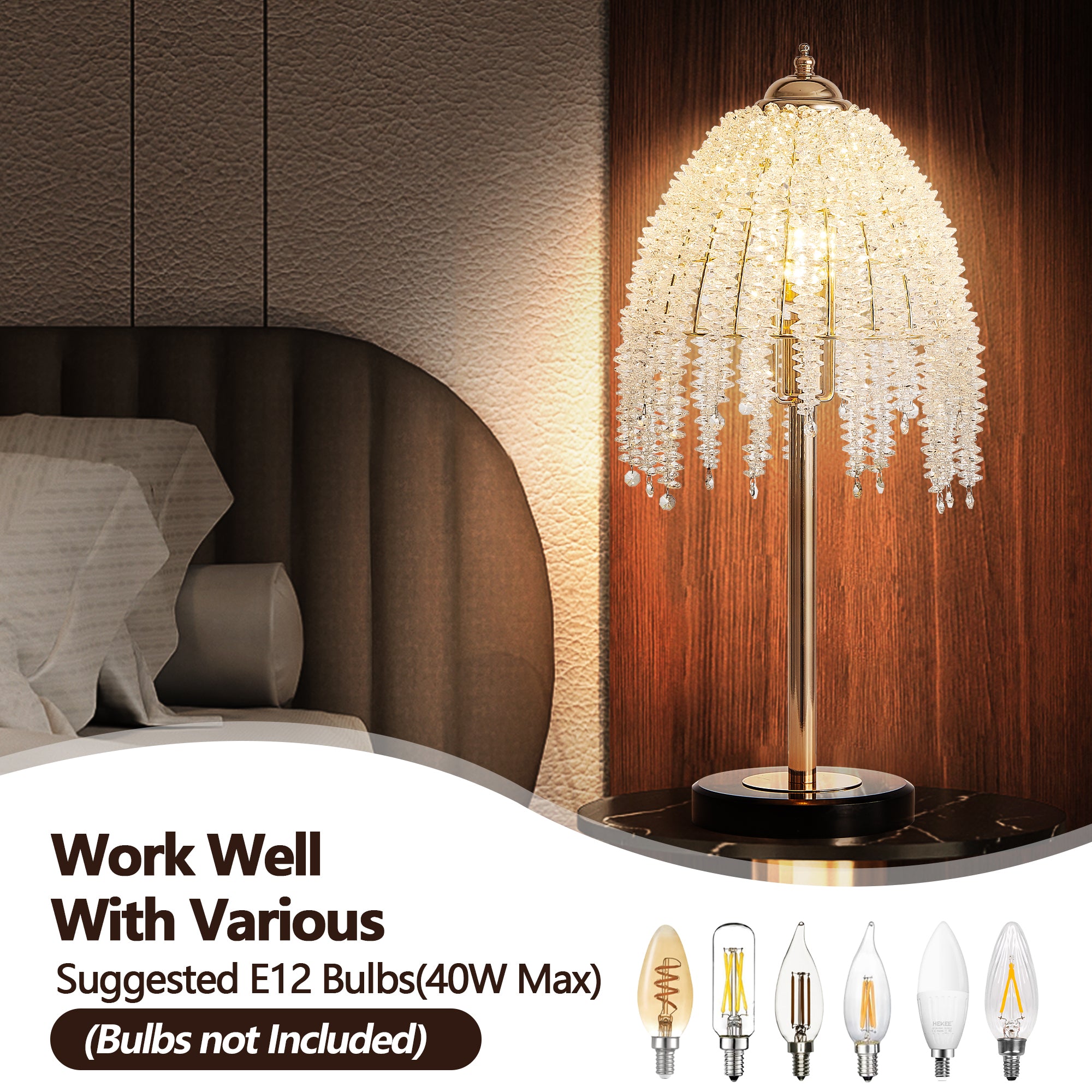 19'(H) Elegant Crystal Table Lamp – Vintage Waterfall Design with Crystal Bead String Shades and Marble Textured Base for Living Room, Bedroom, or Office (Bulb Not Included)