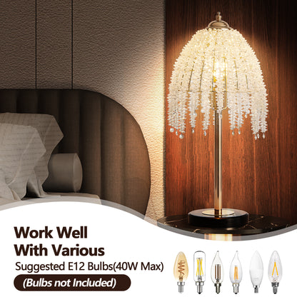 19'(H) Elegant Crystal Table Lamp – Vintage Waterfall Design with Crystal Bead String Shades and Marble Textured Base for Living Room, Bedroom, or Office (Bulb Not Included)