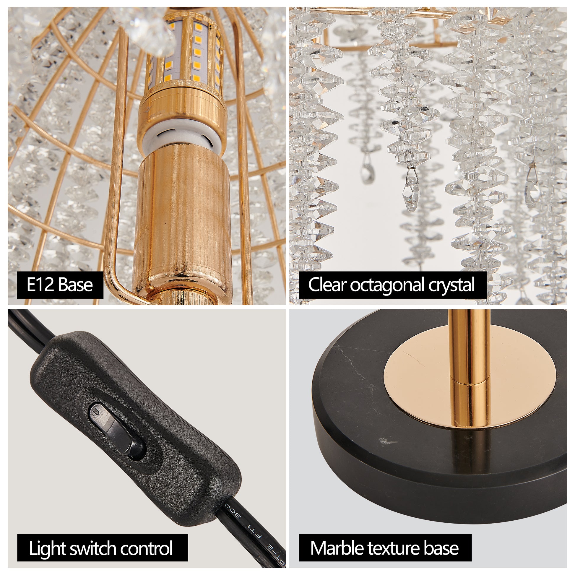 19'(H) Elegant Crystal Table Lamp – Vintage Waterfall Design with Crystal Bead String Shades and Marble Textured Base for Living Room, Bedroom, or Office (Bulb Not Included)