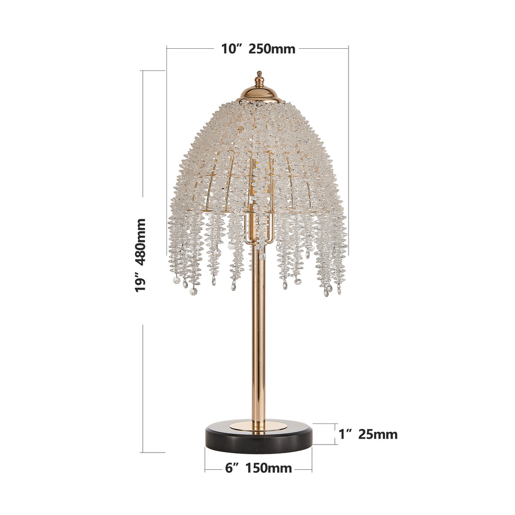 19'(H) Elegant Crystal Table Lamp – Vintage Waterfall Design with Crystal Bead String Shades and Marble Textured Base for Living Room, Bedroom, or Office (Bulb Not Included)